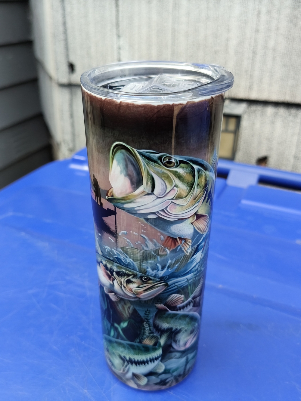 Insulated Fishing Tumbler - Blue Green Fish Design 8 1/2 Tall Stainless Steel